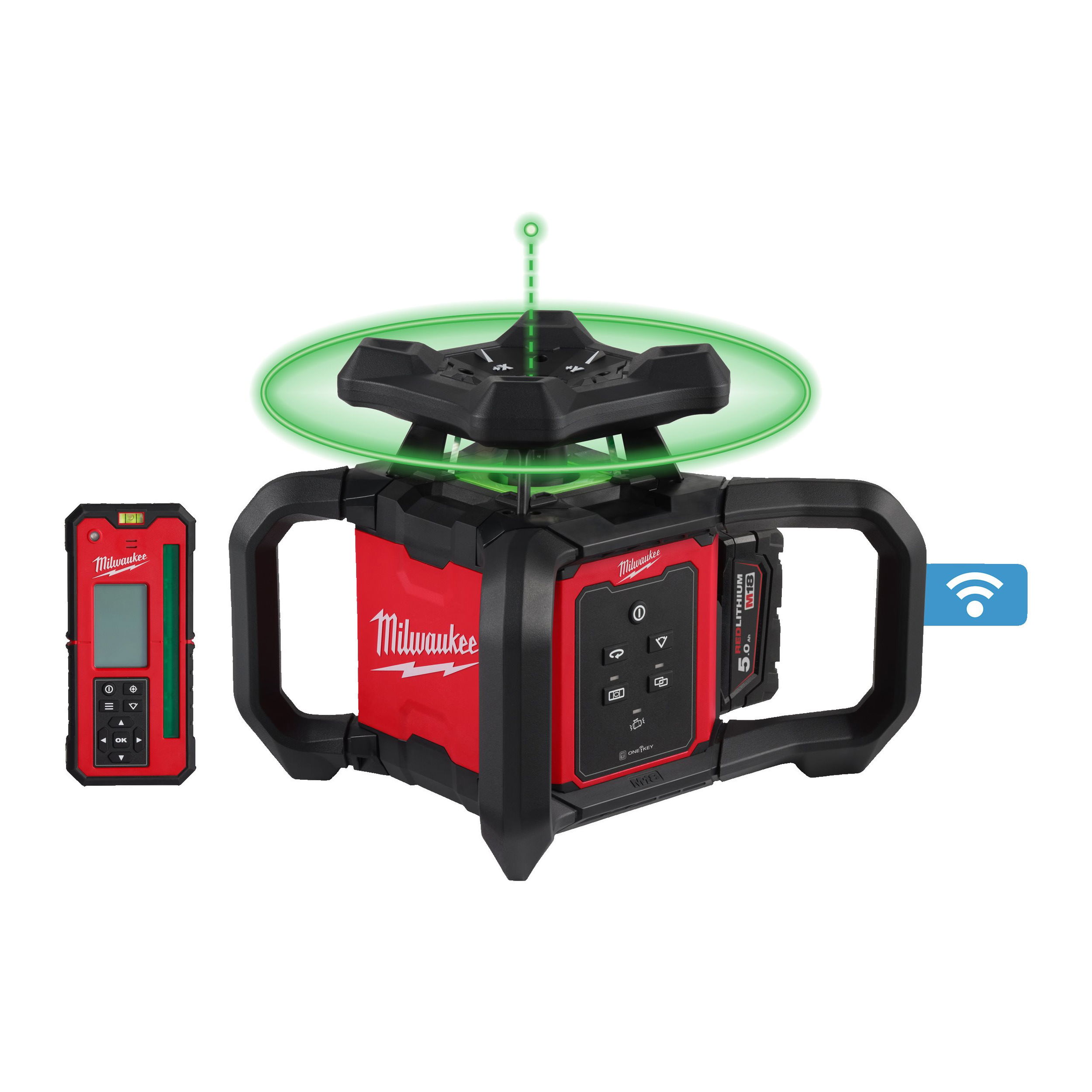 Milwaukee M18 RLOHVG300-501C akkus vízszintes-függőleges forgólézer ONE-KEY™ funkcióval, zöld (1 x 5.0 Ah Li-ion akkuval) termék fő termékképe